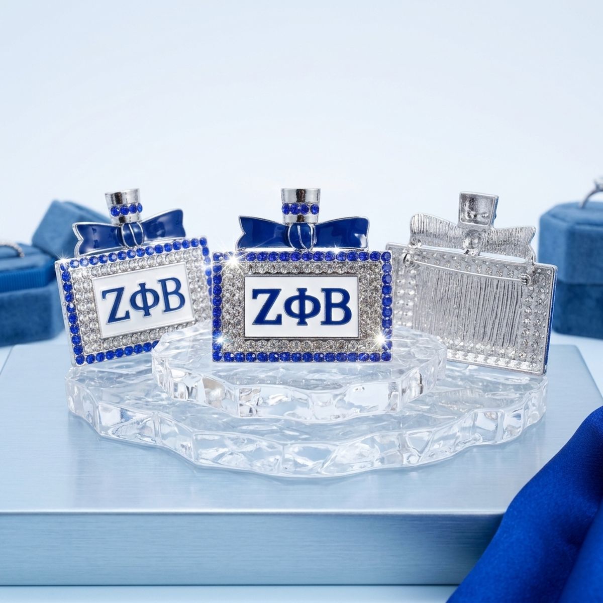 ZPB Blue and White Rhinestone Perfume Brooch