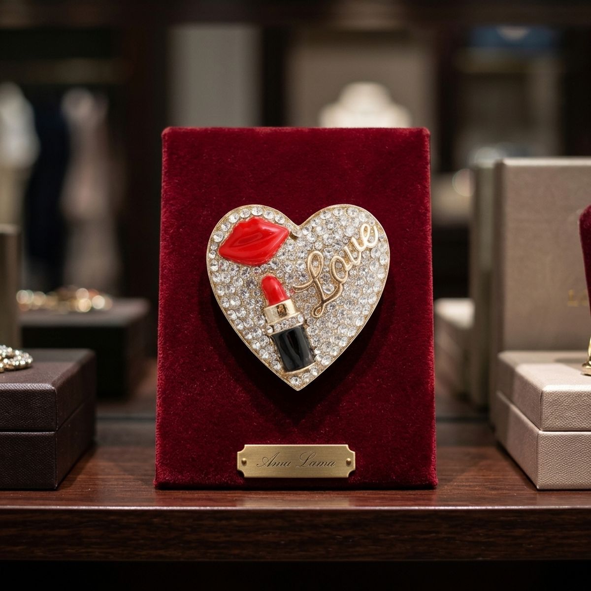Gold Crystal Heart Red Lips Lipstick Love Brooch