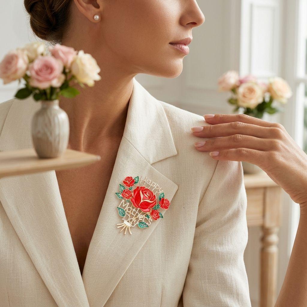 Brooch Silver Mother's Day Red Rose Bouquet Pin