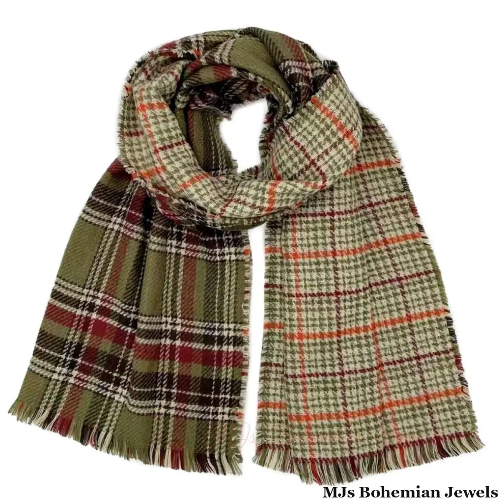 Olive Plaid Houndstooth Reversible Scarf