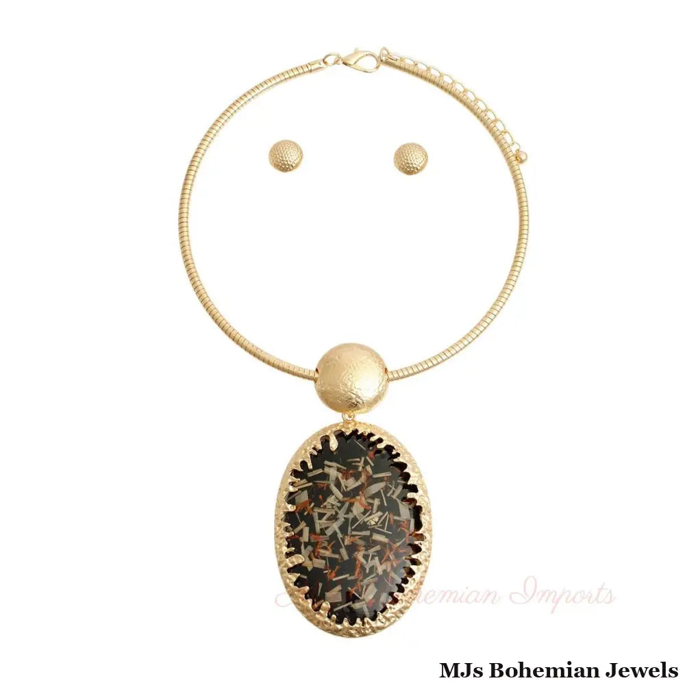 Oval Black Confetti Gold Collar Necklace