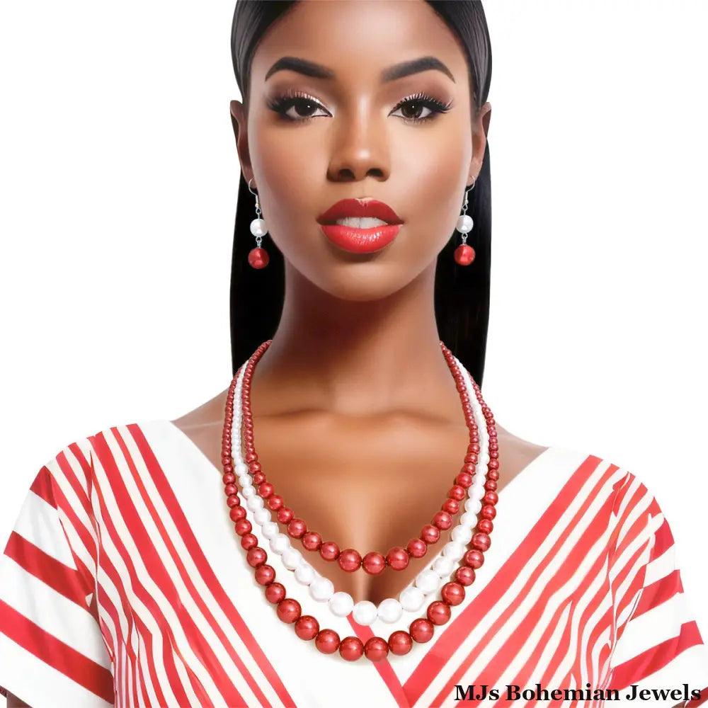 Pearl Necklace Red White 3 Strand for Women