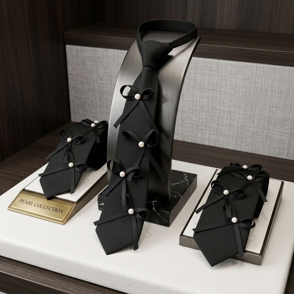 Black Pearl Ribbon Bow Necktie Necklace