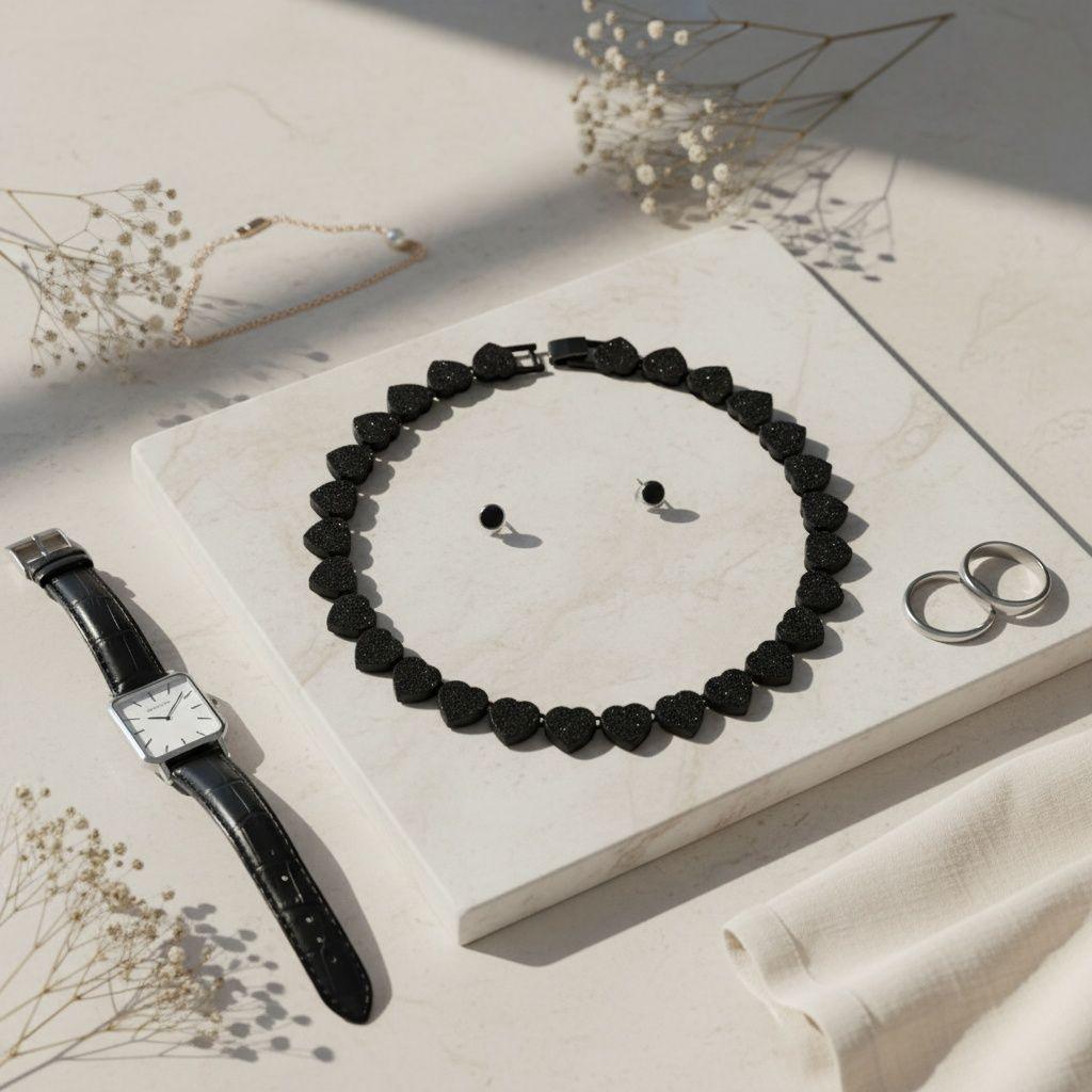 Chain Jet Black Pave Heart Link Necklace Set Women
