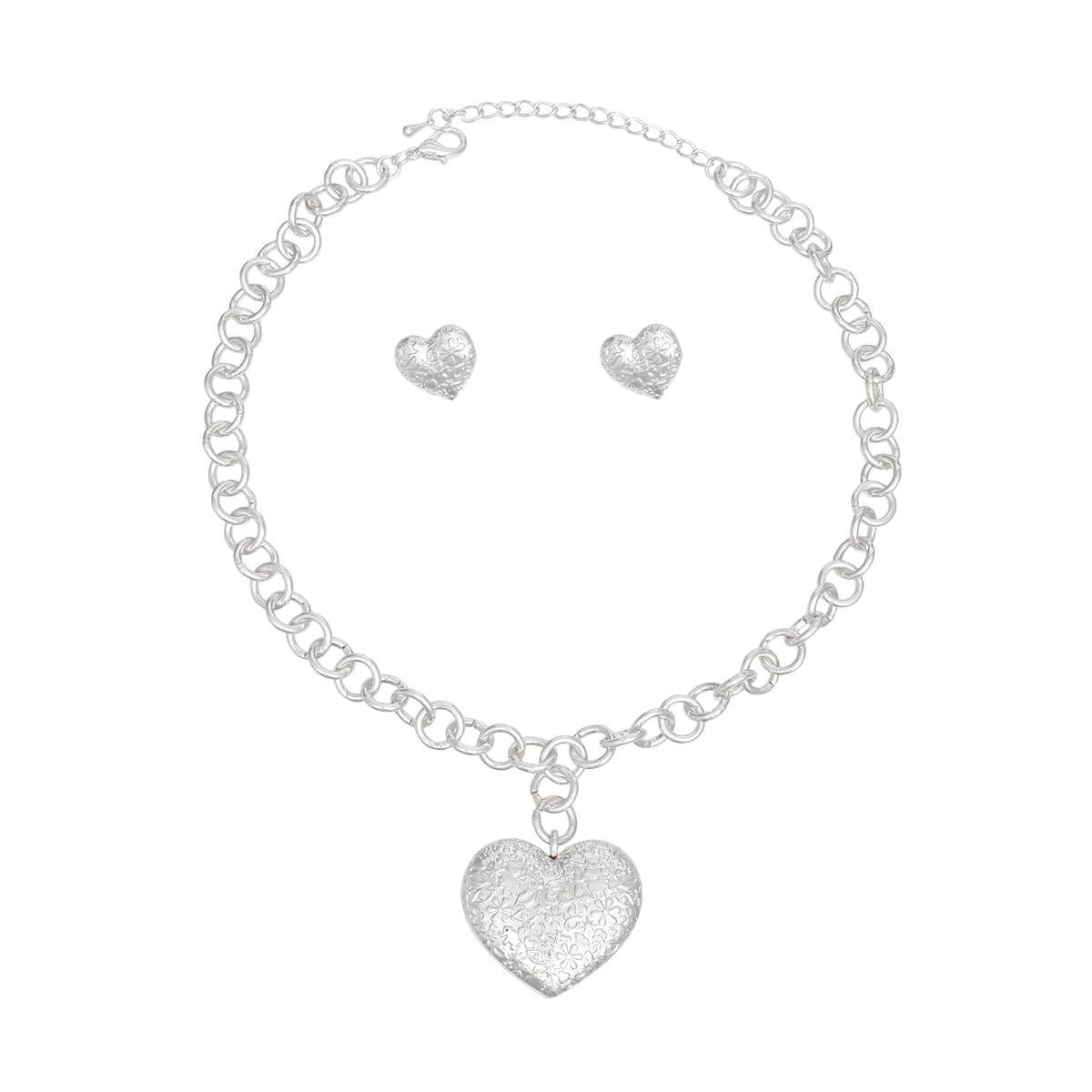 Pendant Silver Girly Patterned Puffy Heart Set