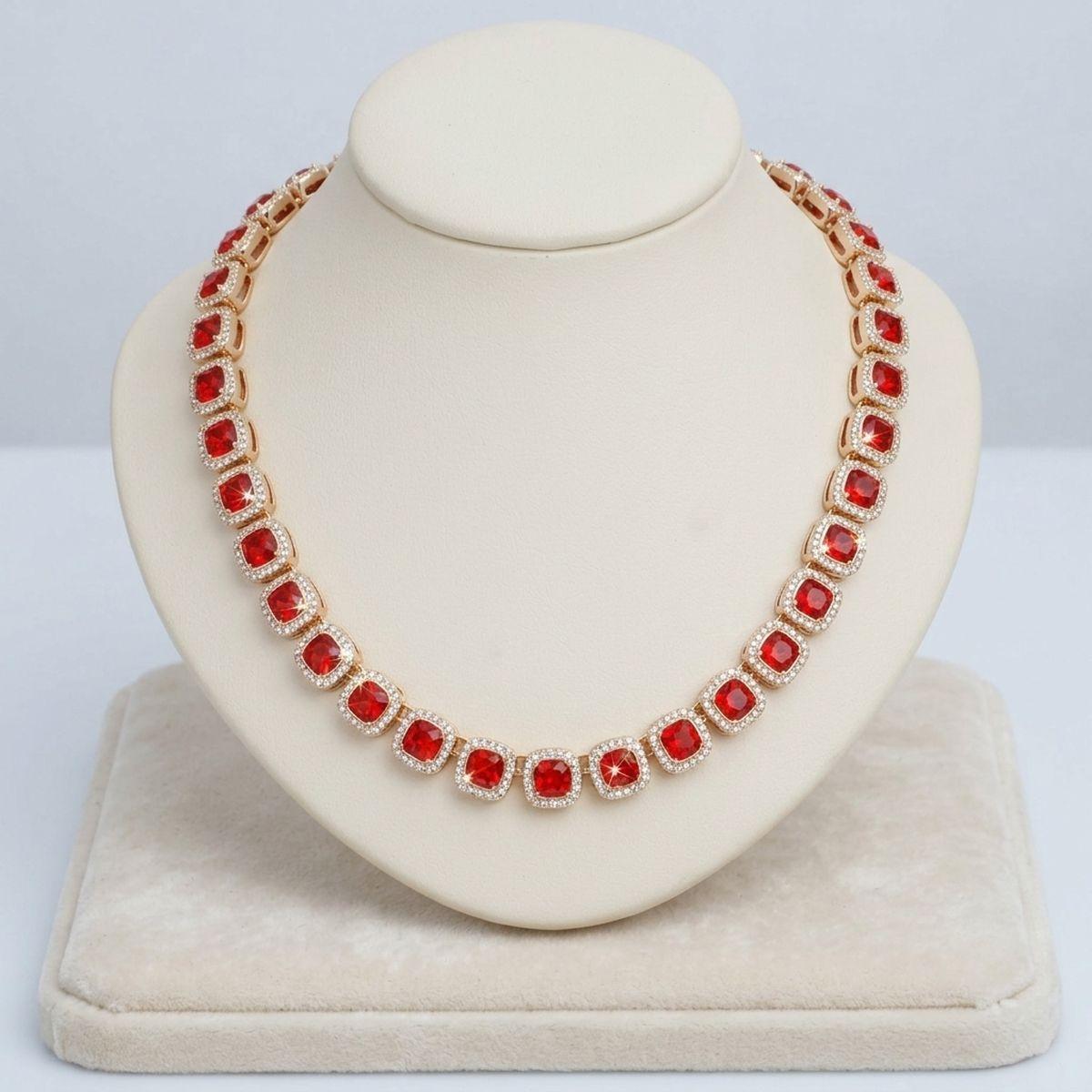 Tennis Red Cushion Cut Crystal Halo Luxe Necklace