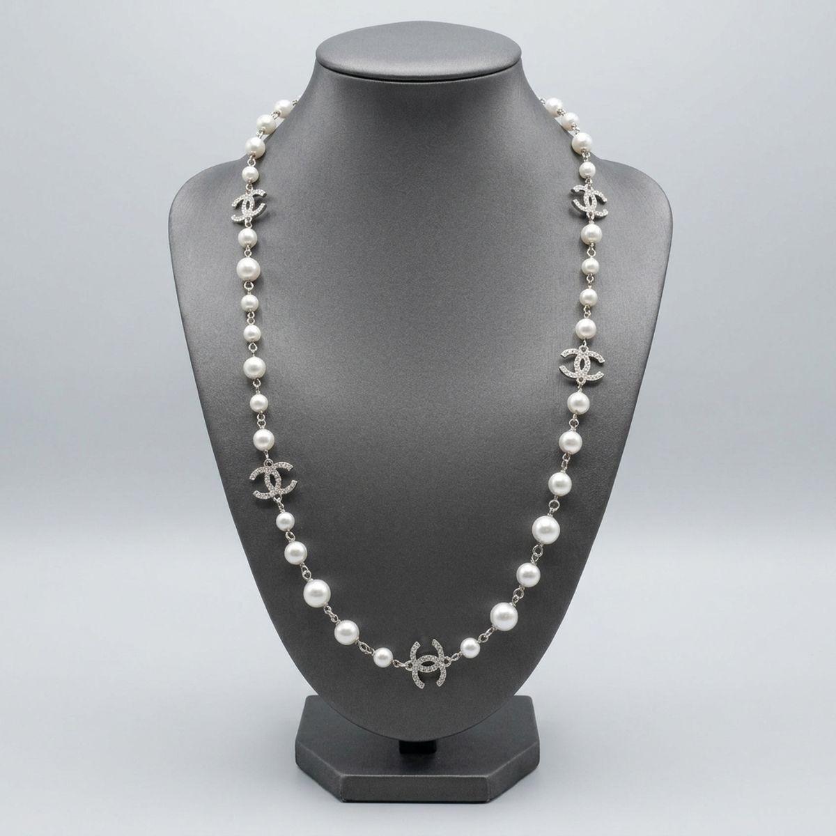 Parisian White Glass Pearl Charm Long Necklace