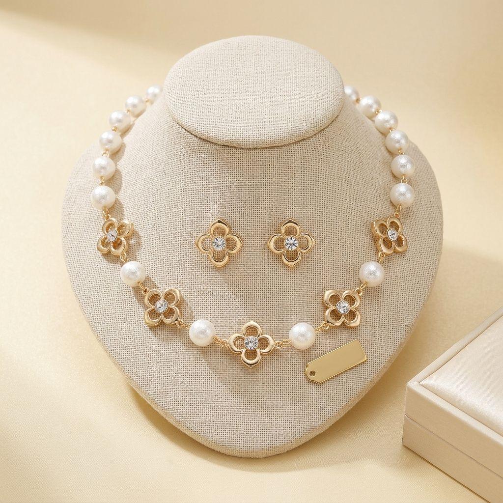 Cream Cotton Pearl and Luxe Mono Flower Necklace
