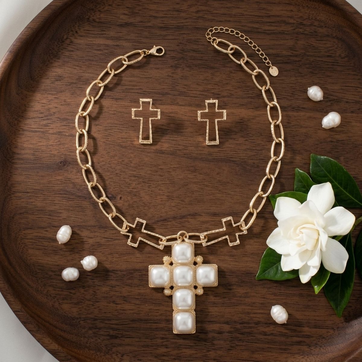Cream Pearl Cross Pendant Gold Chain Necklace