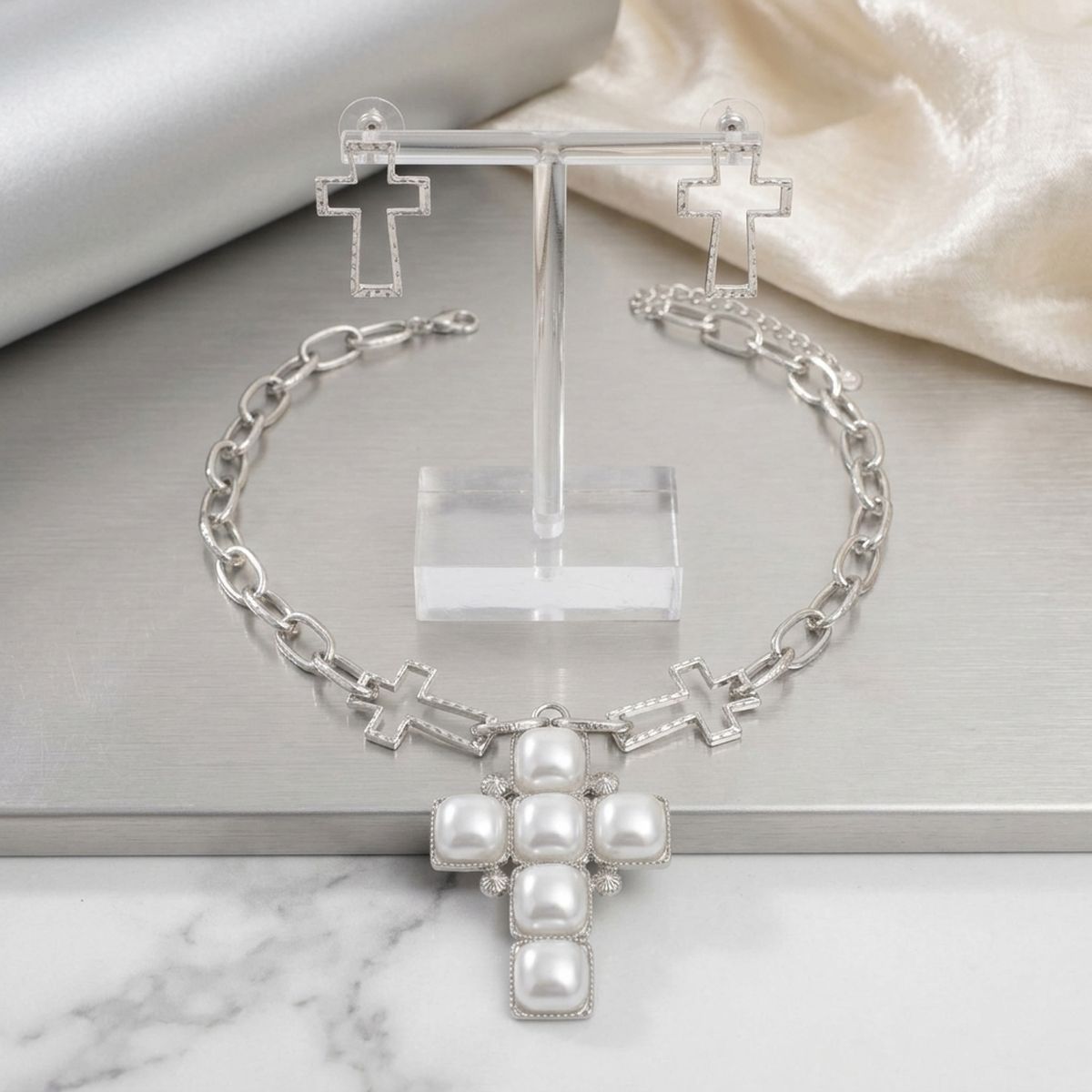 White Pearl Cross Pendant Silver Chain Necklace