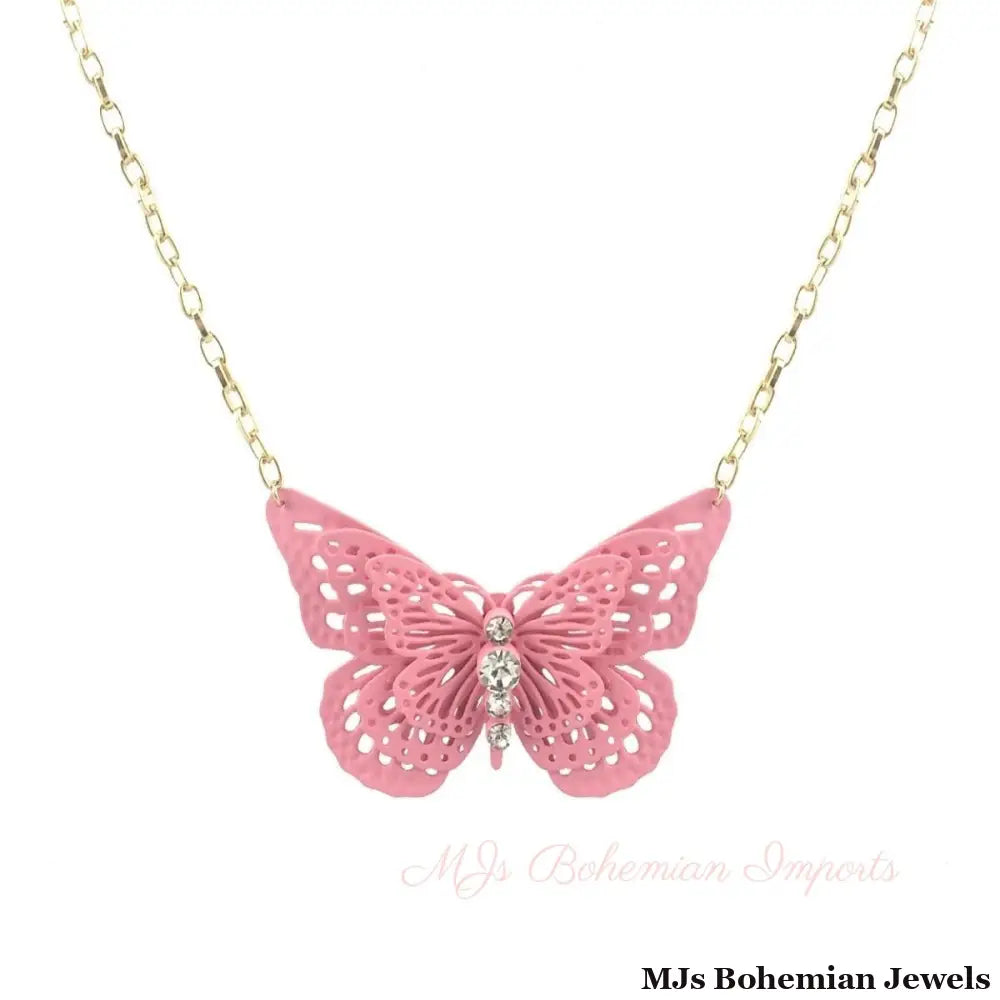 Pink 3D Butterfly Pendant Necklace