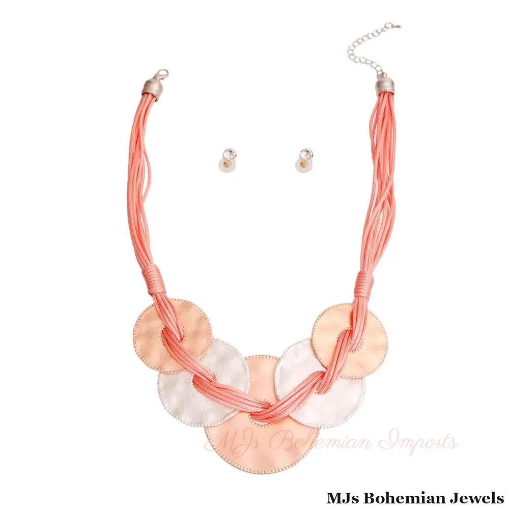 Pink Cord Metal Disc Necklace