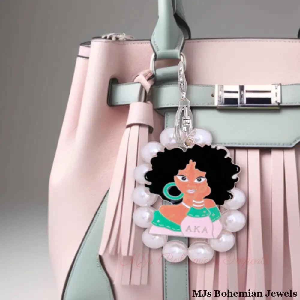 Pink Green Woman Pearl Keychain