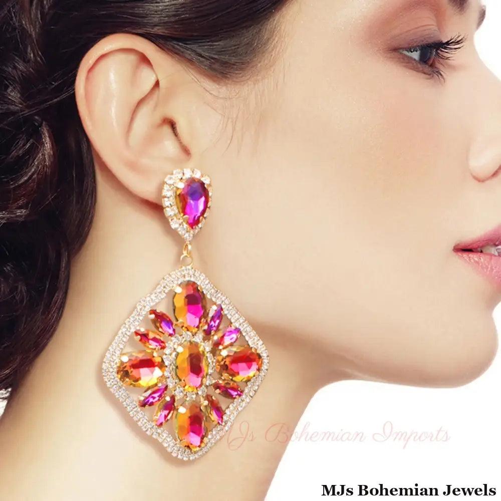 Purple Glass Crystal Diamond Earrings