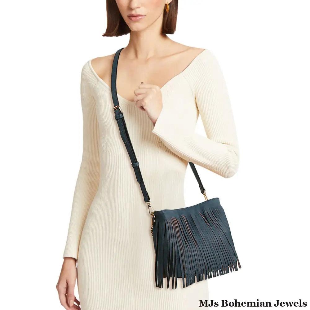 Purse Denim Blue Leather Fringe Bag for Women