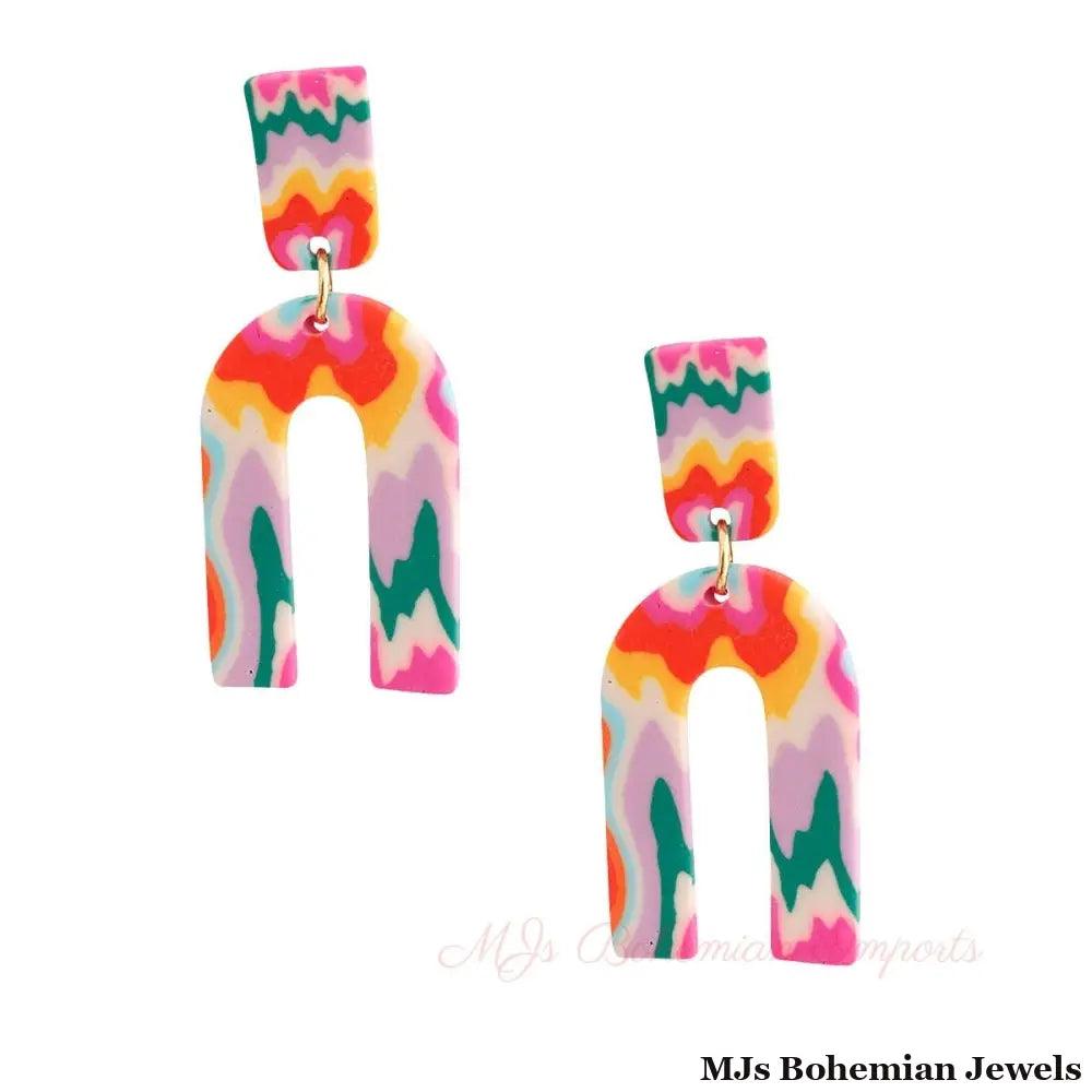 Rainbow Marbled Clay U Drop Earrings