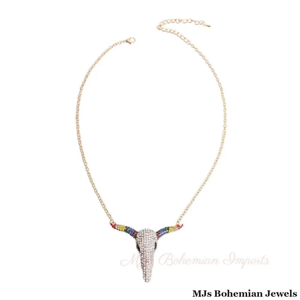 Rainbow Rhinestone Steer Necklace