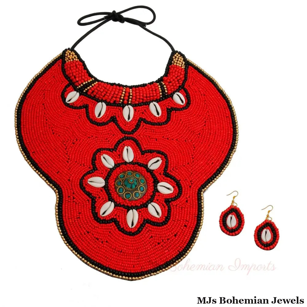 Red Bead Collar Bib Necklace Set
