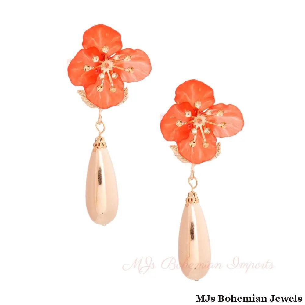 Red Flower Gold Teardrop Earrings