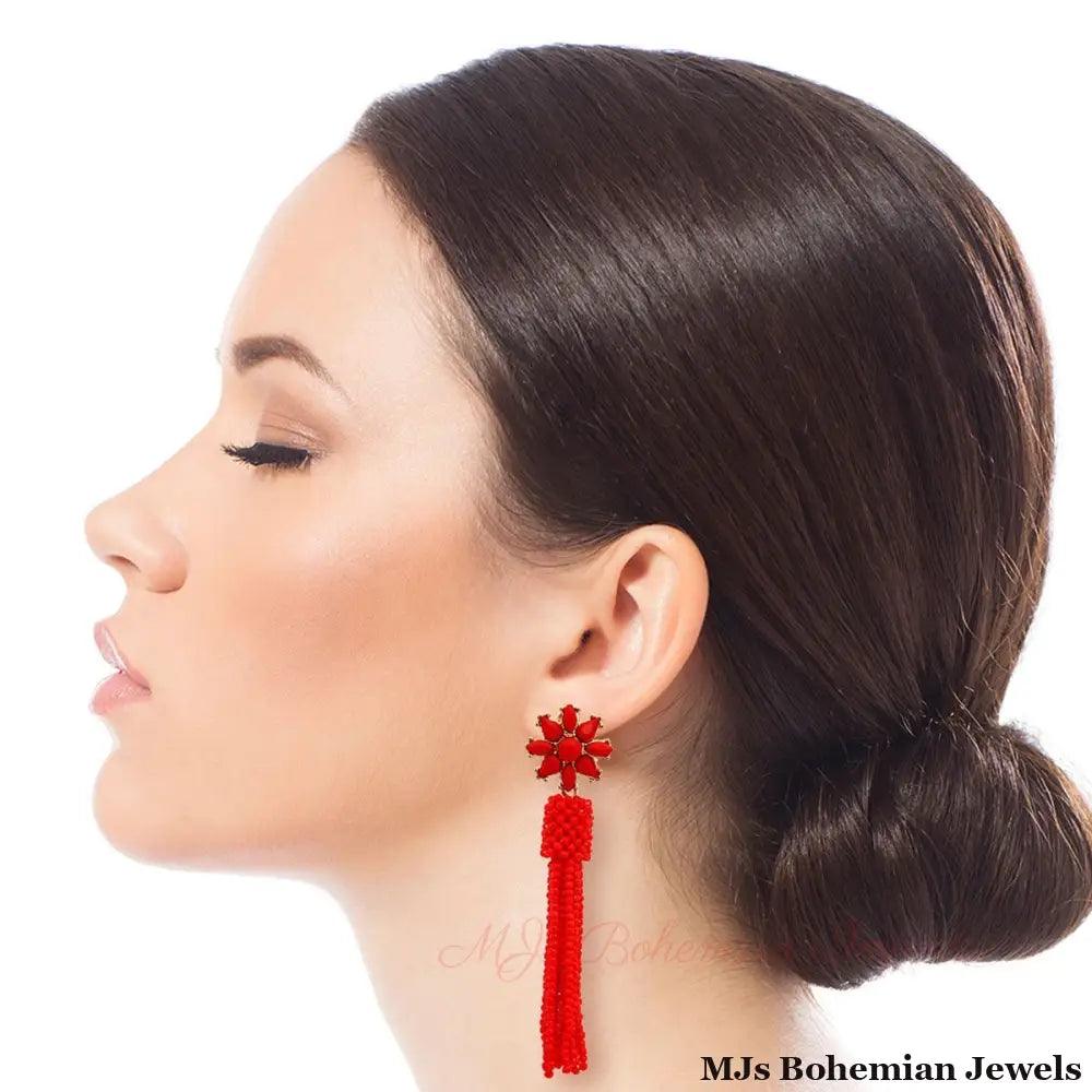 Red Flower Seed Bead Earrings
