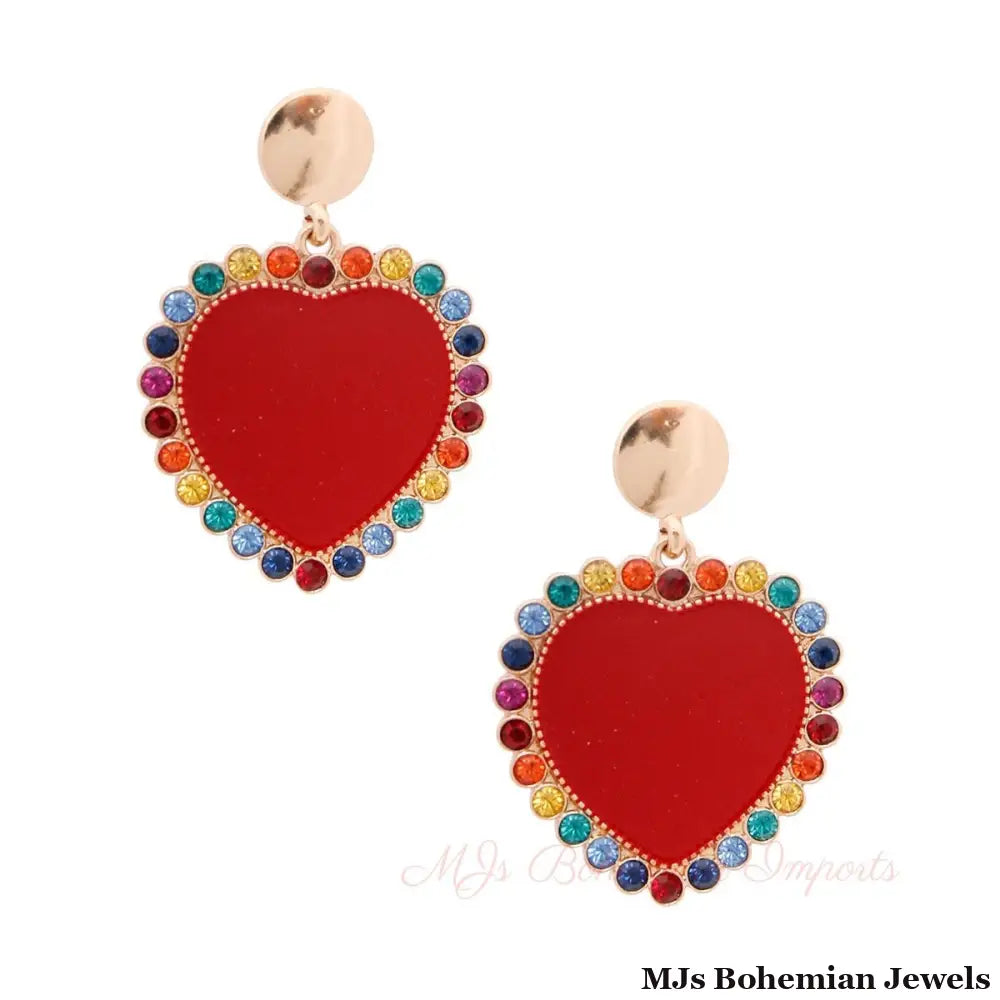 Red Heart and Rhinestone Earrings