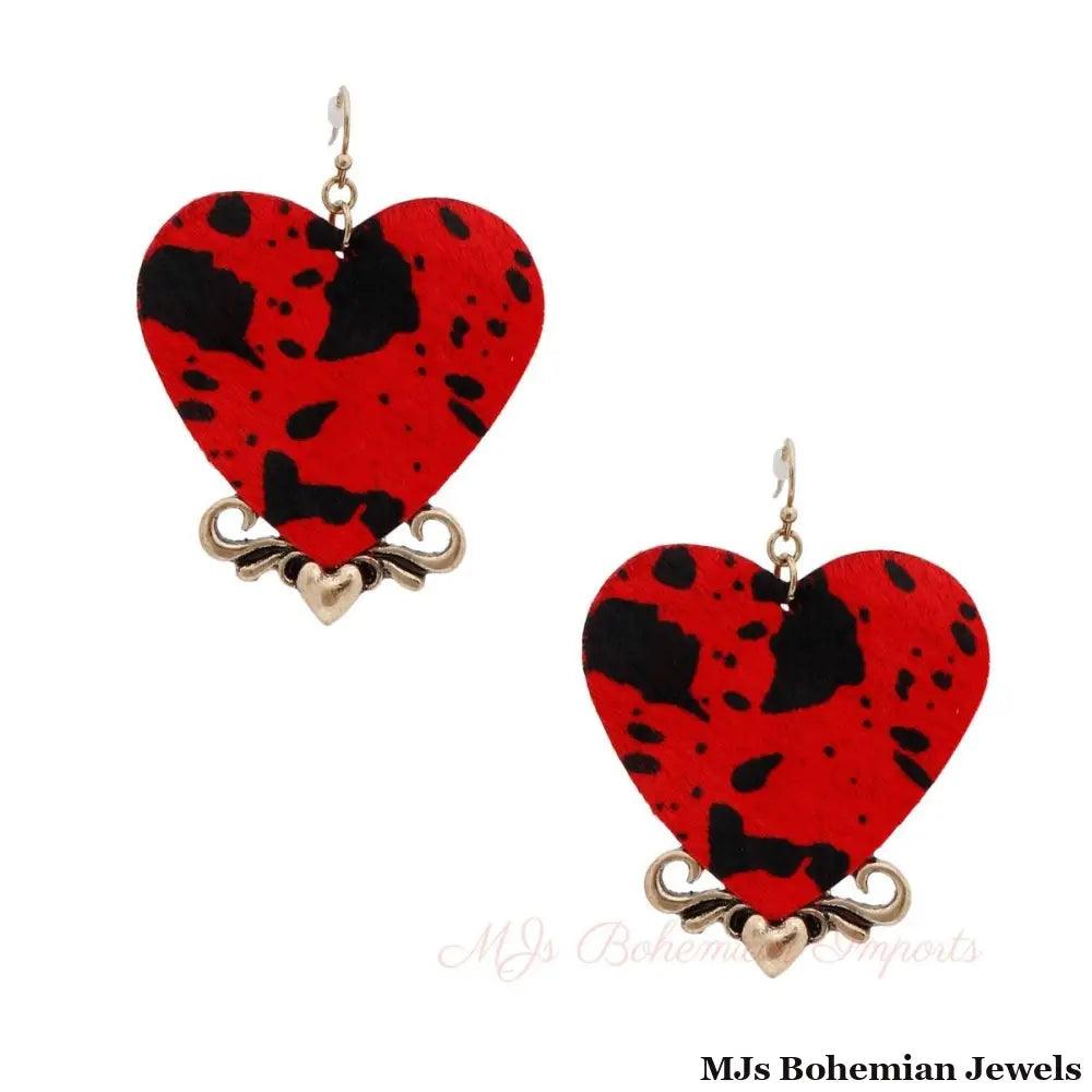 Red Leather Animal Print Heart Earrings