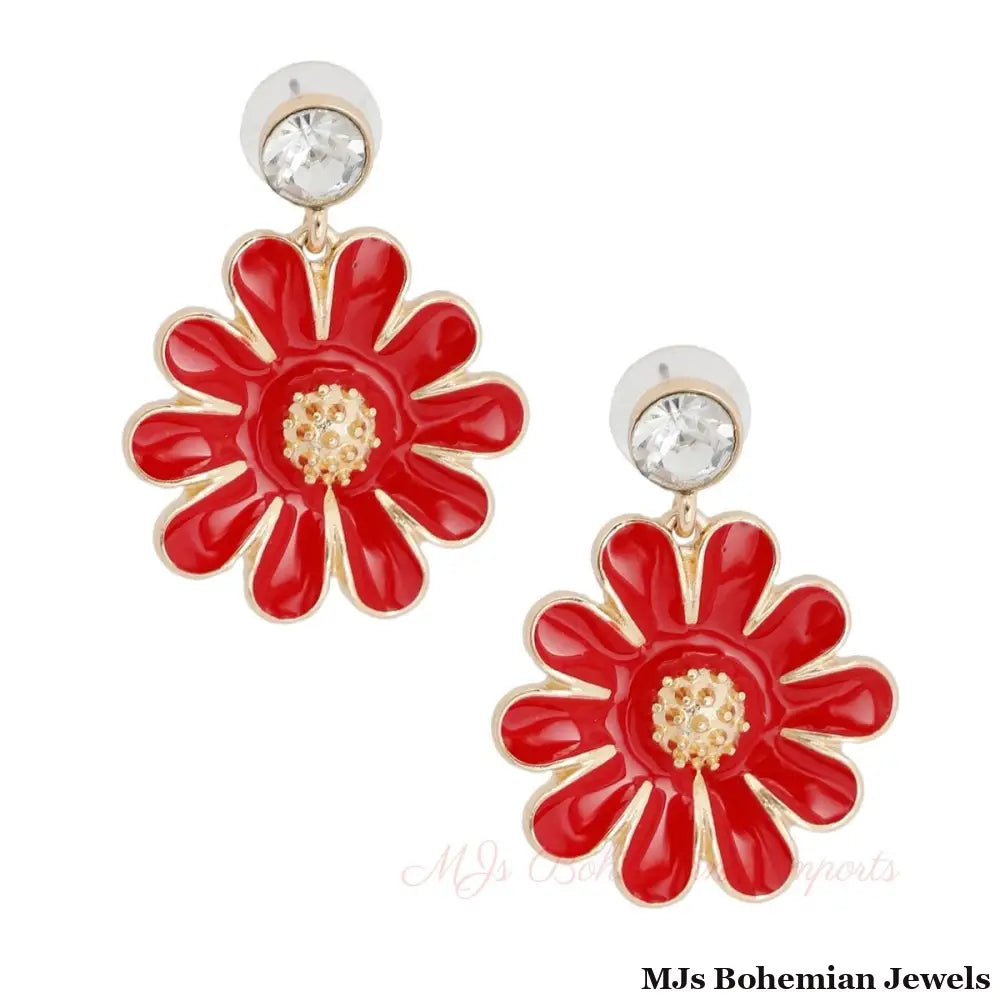Red Metal Daisy Earrings