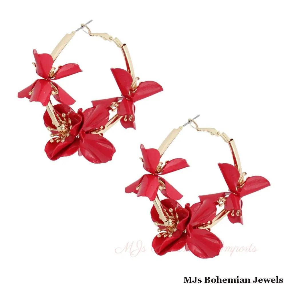 Red Metal Flower Hoops