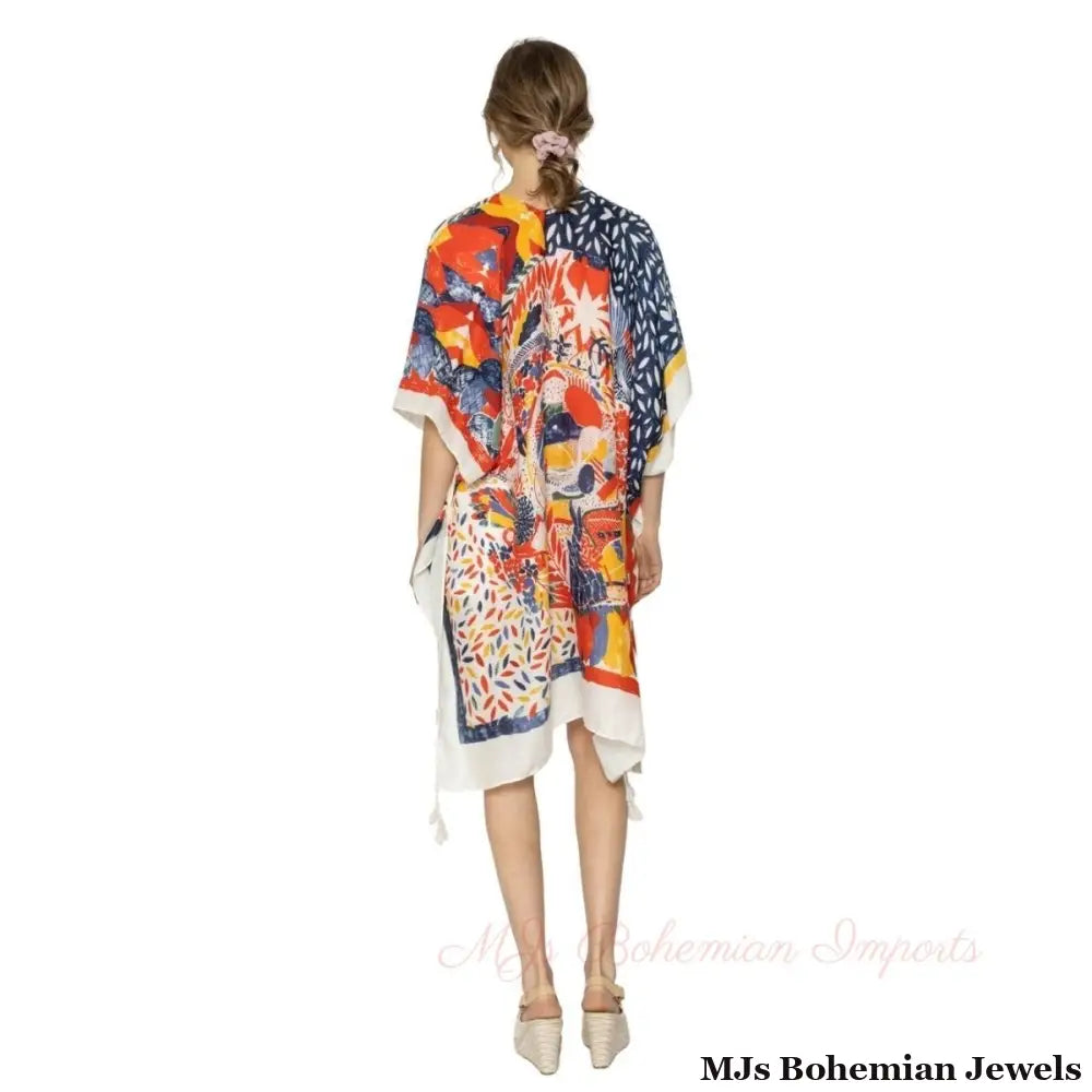 Red Mixed Pattern Tassel Kimono