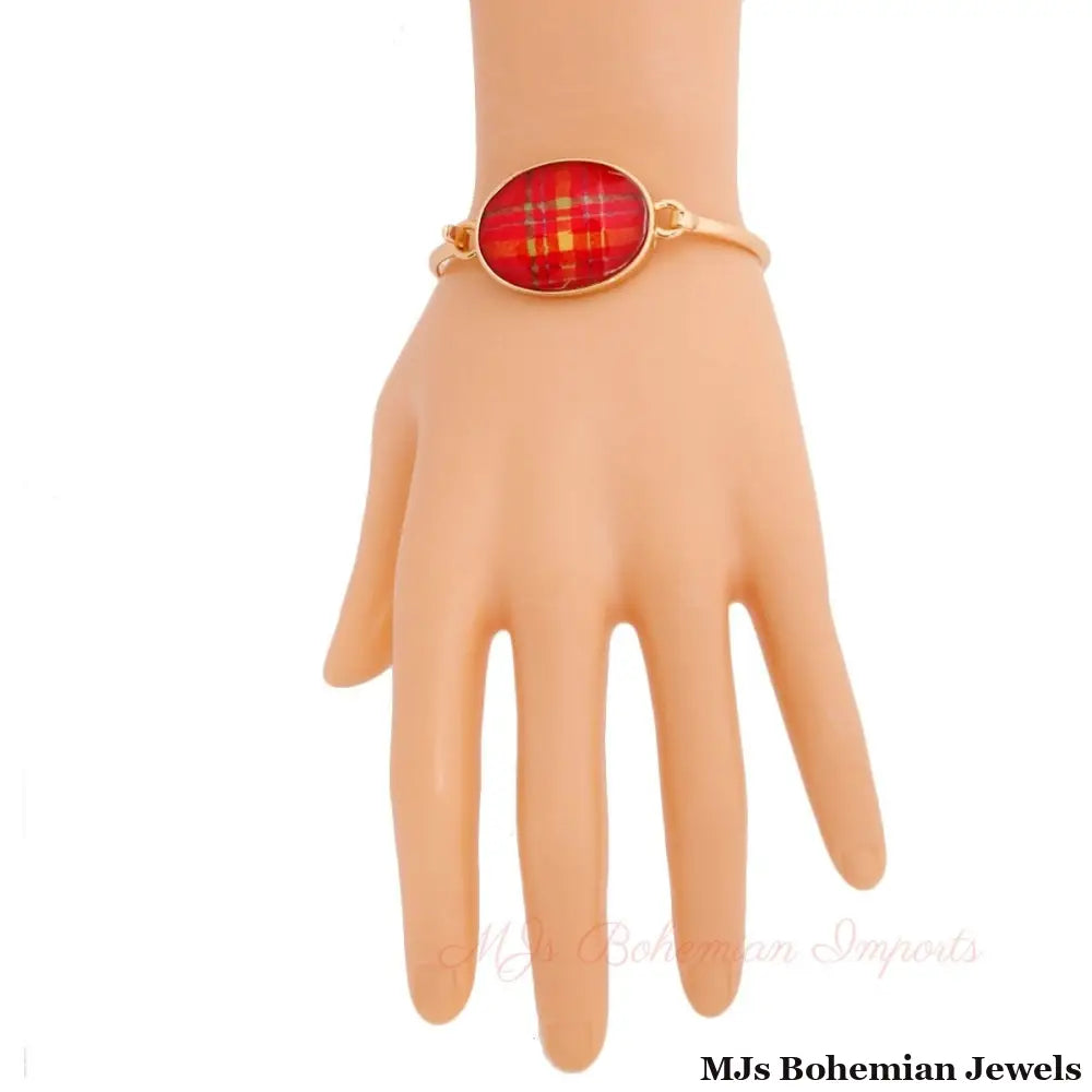 Red Oval Plaid Gold Bangle