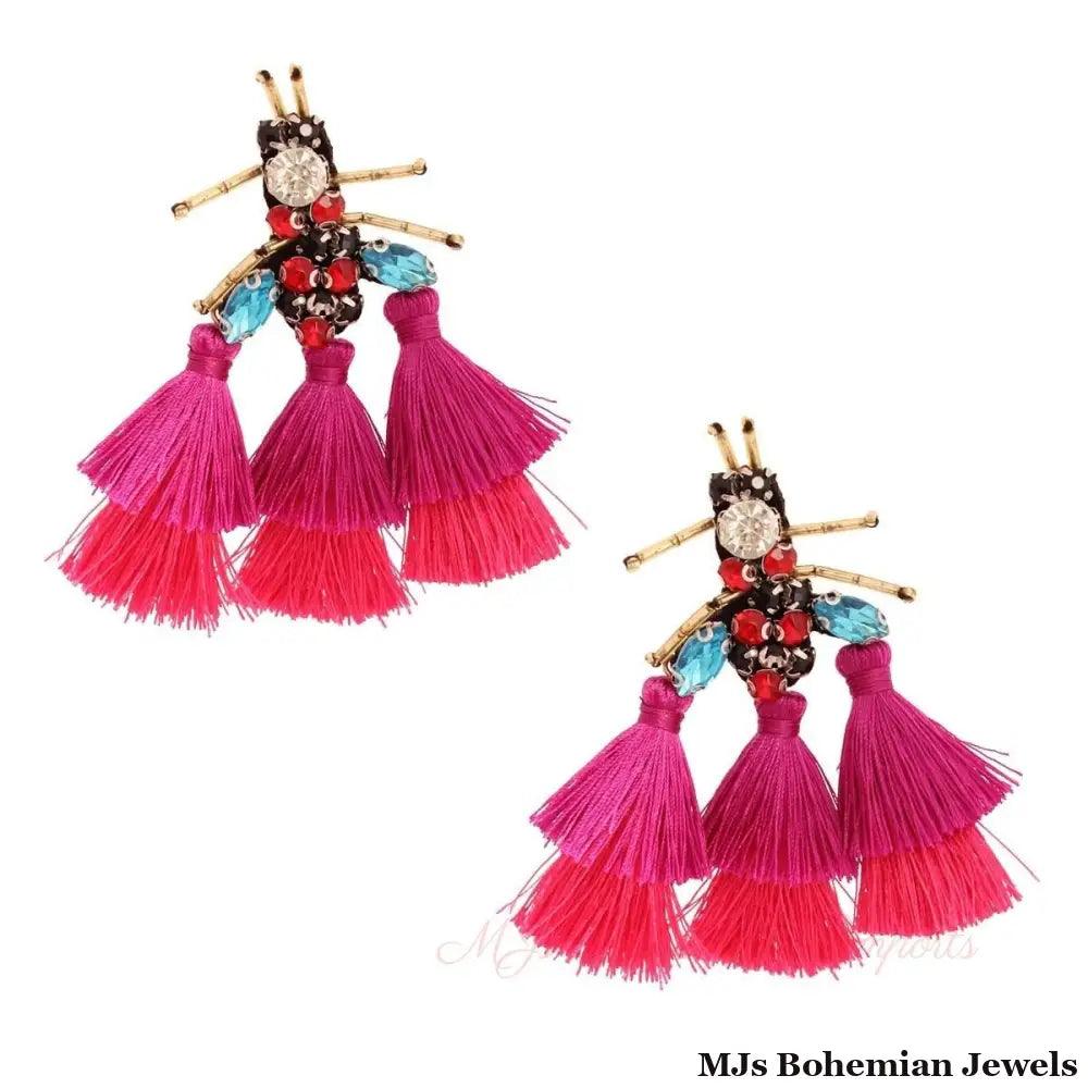 Rhinestone and Tassel Fuchsia Bee Earrings