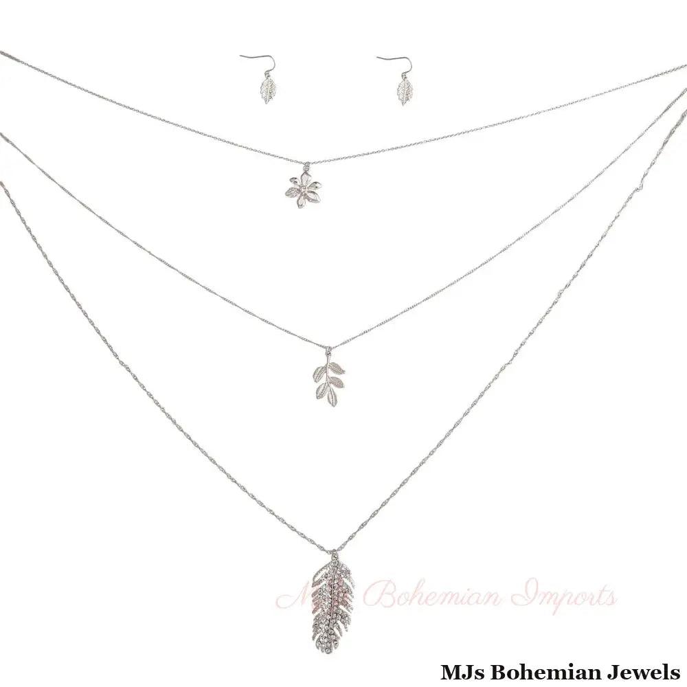 Silver 3 Layer Chain Leaf Necklace