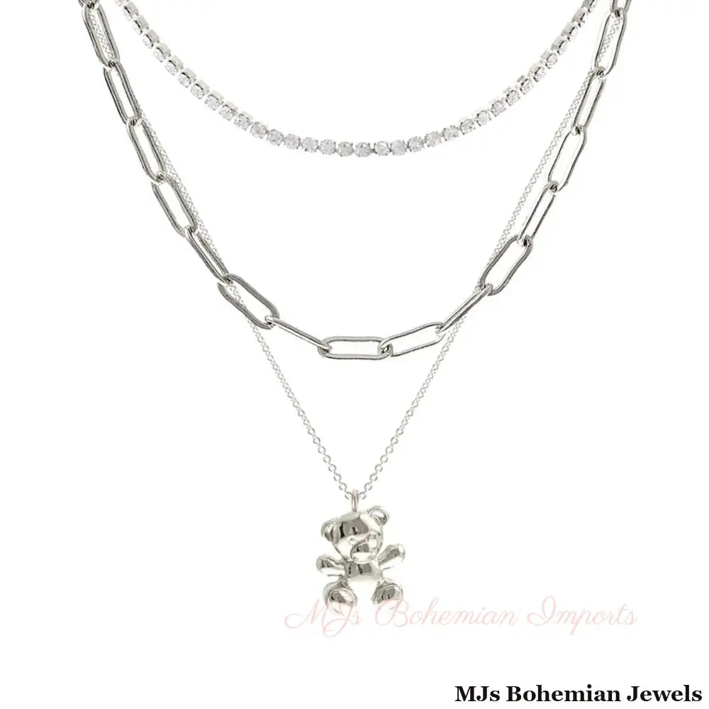 Silver 3 Pcs Teddy Bear Necklace