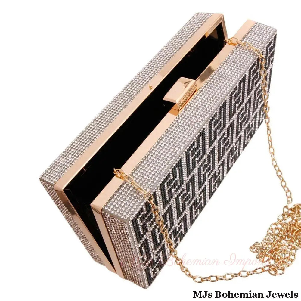 Silver and Black Greek Key Hardcase Clutch