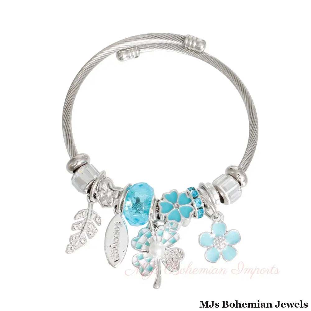 Silver Blue Clover Cable Bangle