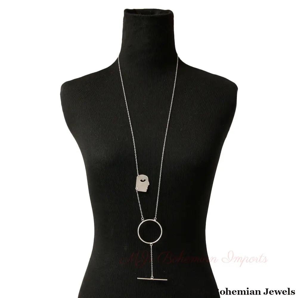 Silver Brass Face Pendant Necklace