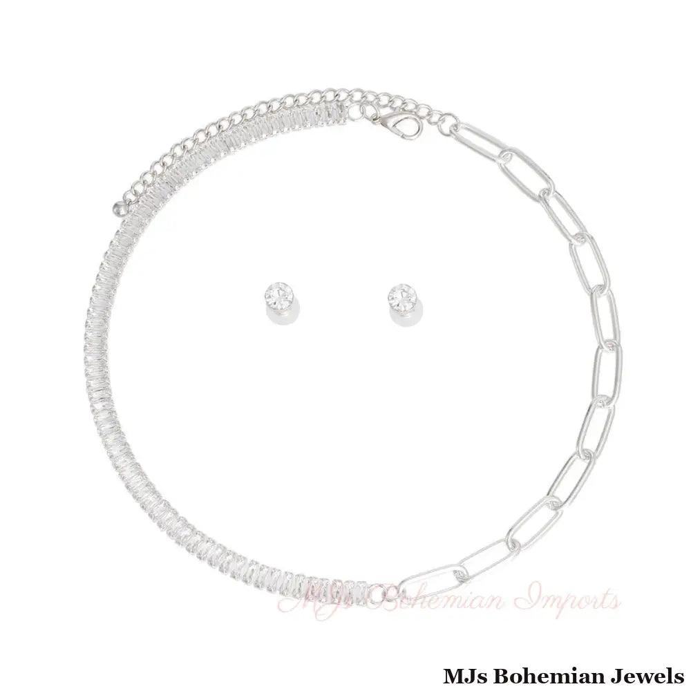 Silver CZ Mixed Link Necklace
