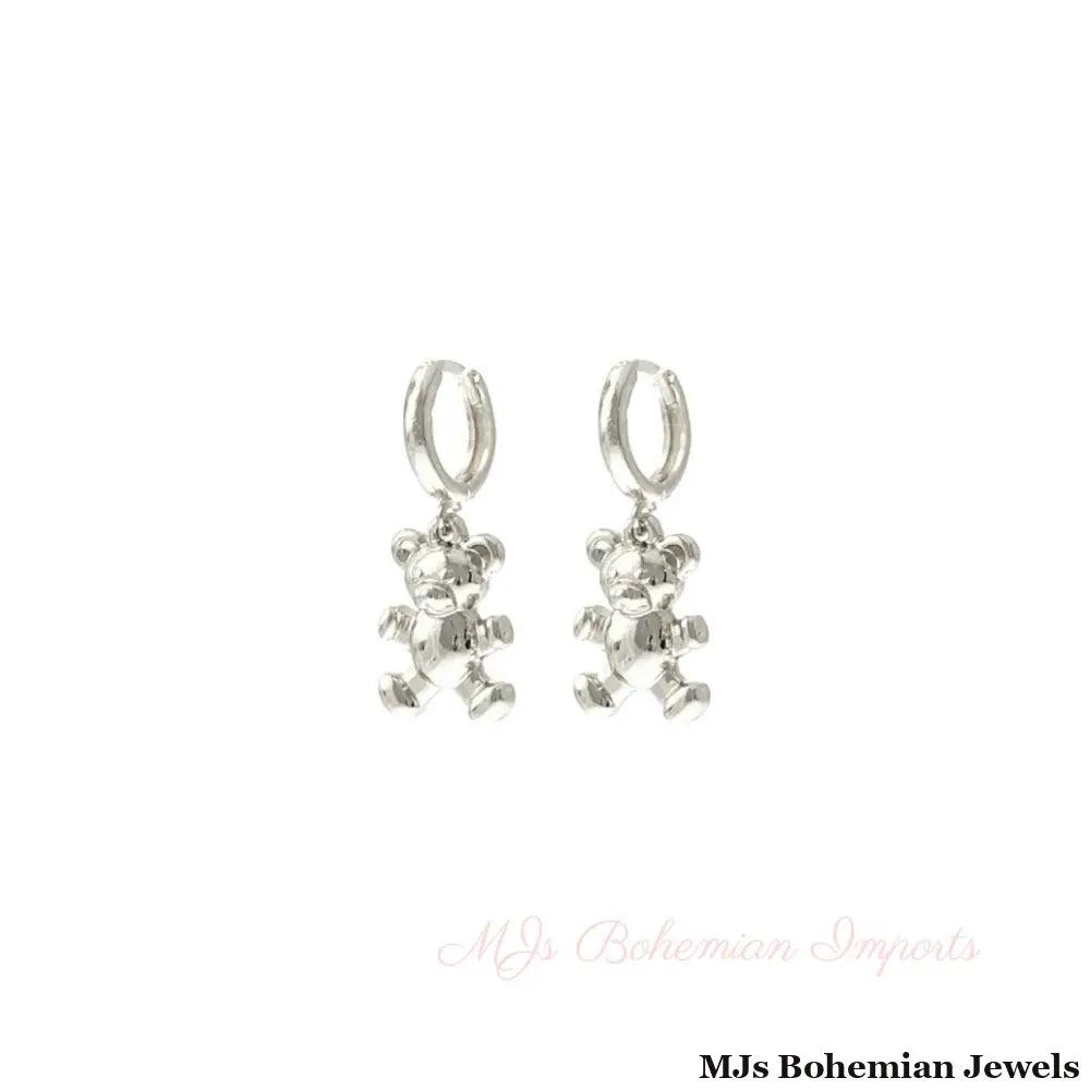 Silver Huggie Teddy Bear Hoops