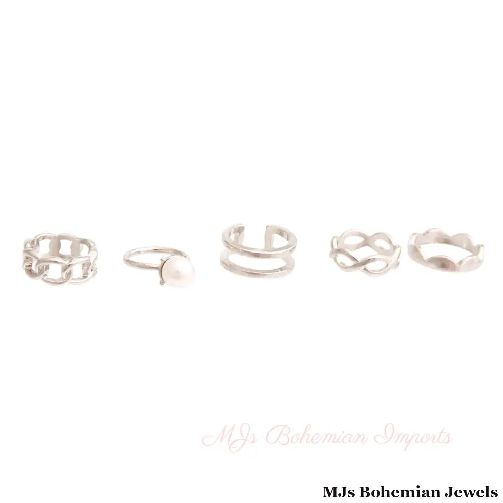 Silver Pearl Midi Ring Set