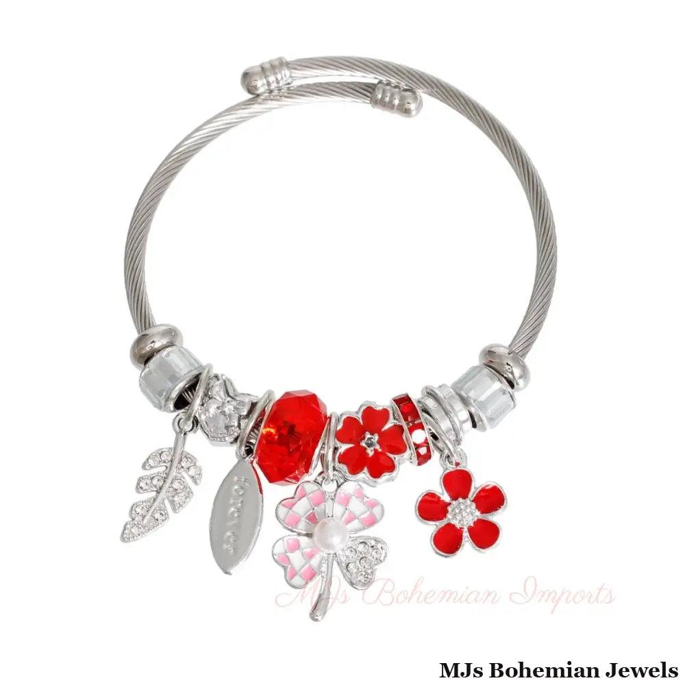 Silver Red Clover Cable Bangle