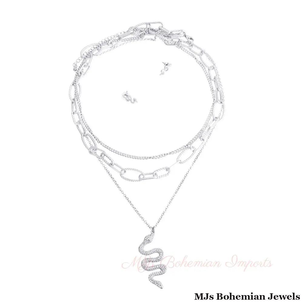 Silver Textured Chain Iced Snake Necklace