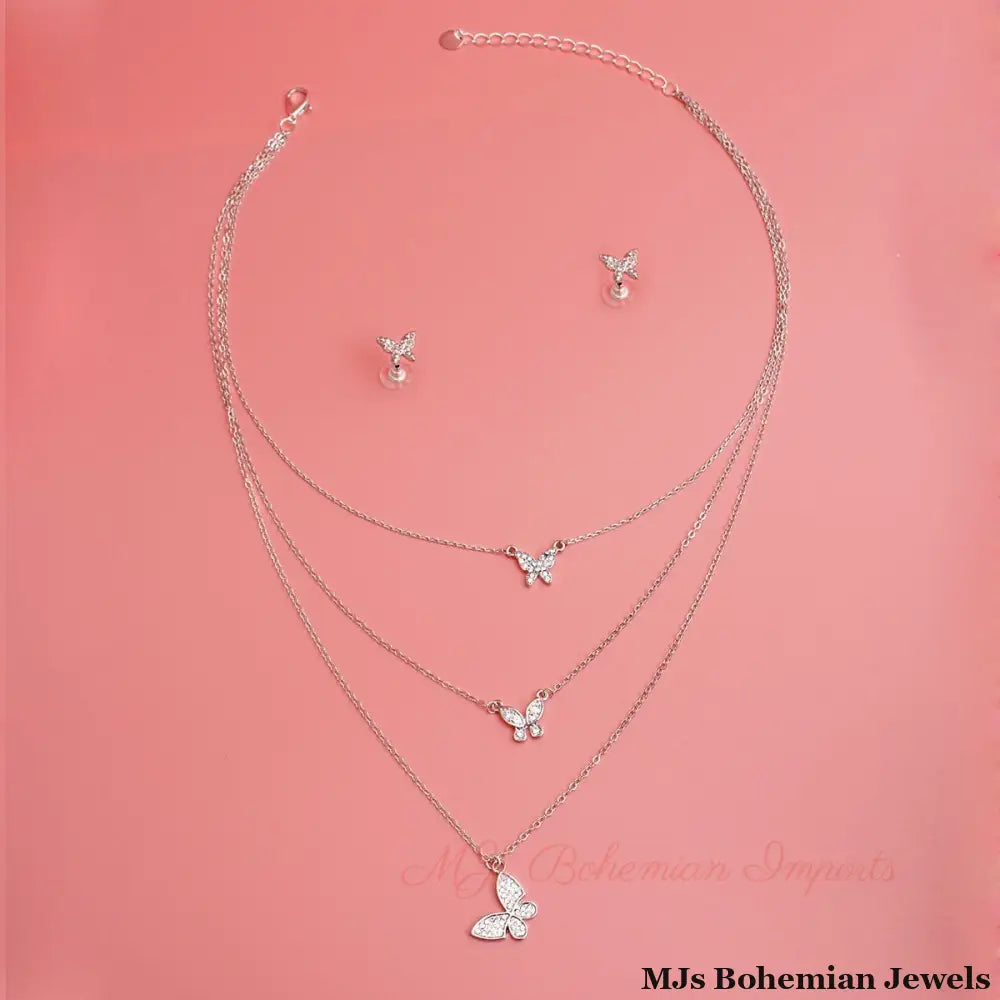 Silver Triple Chain Butterfly Necklace