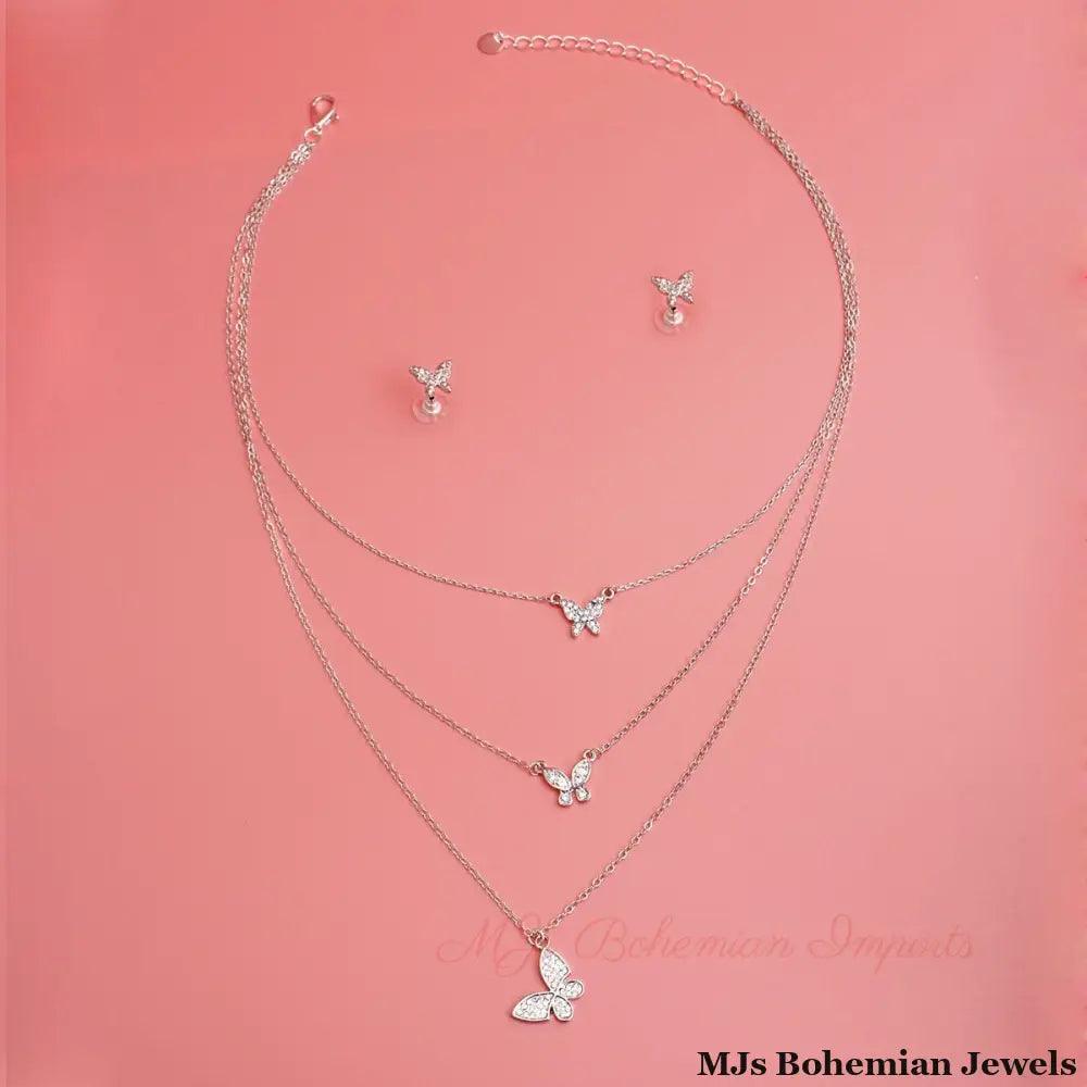 Silver Triple Chain Butterfly Necklace