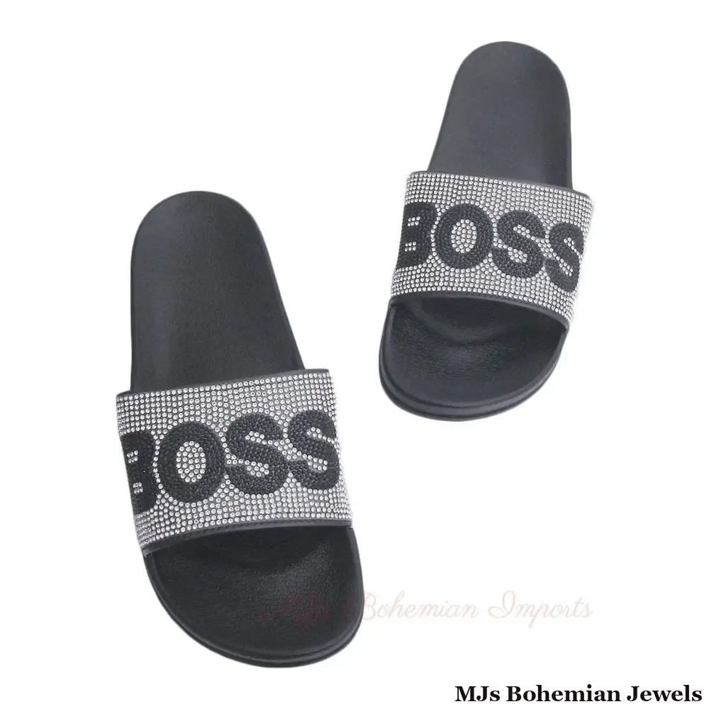 Size 10 Silver BOSS Black Slides