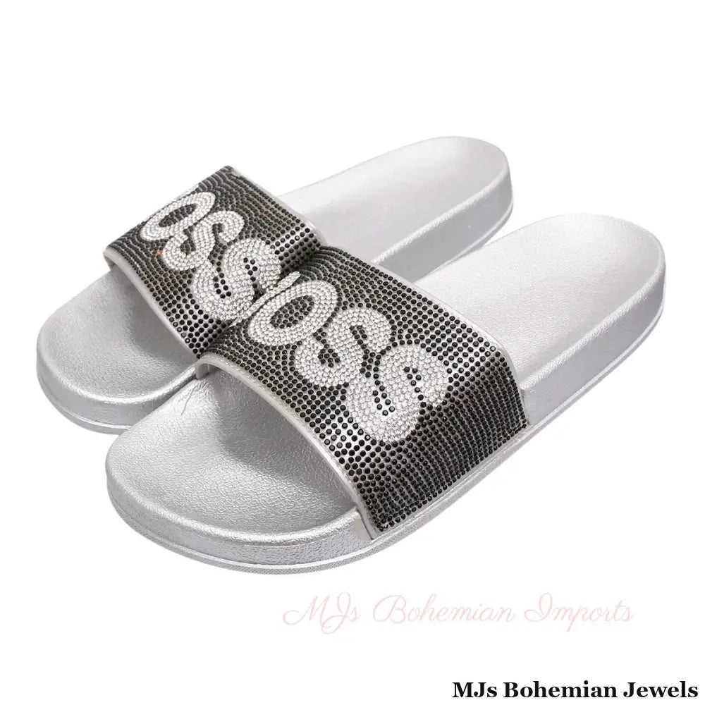 Size 7 Black BOSS Silver Slides