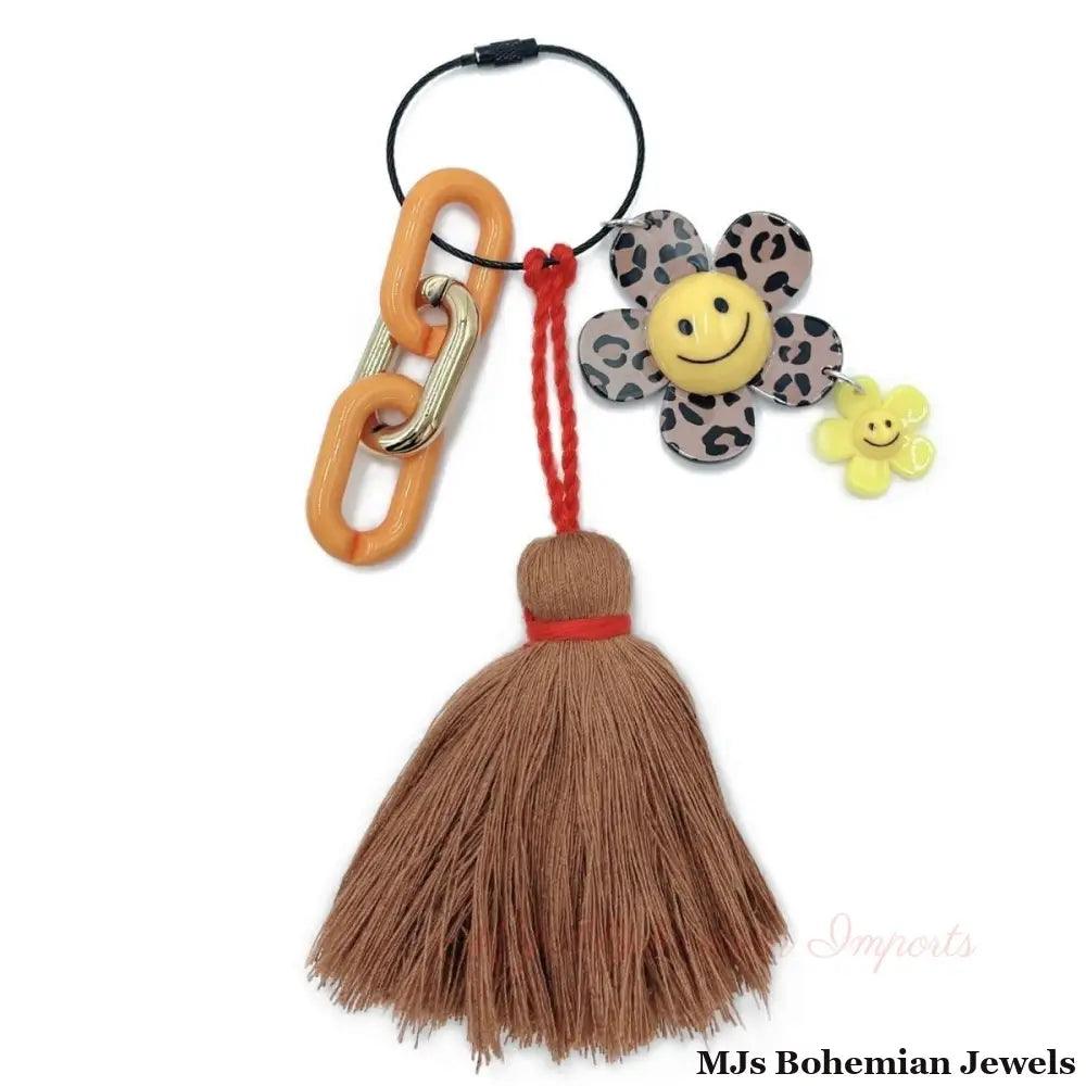 Smiley Leopard Flower Keychain Bag Charm