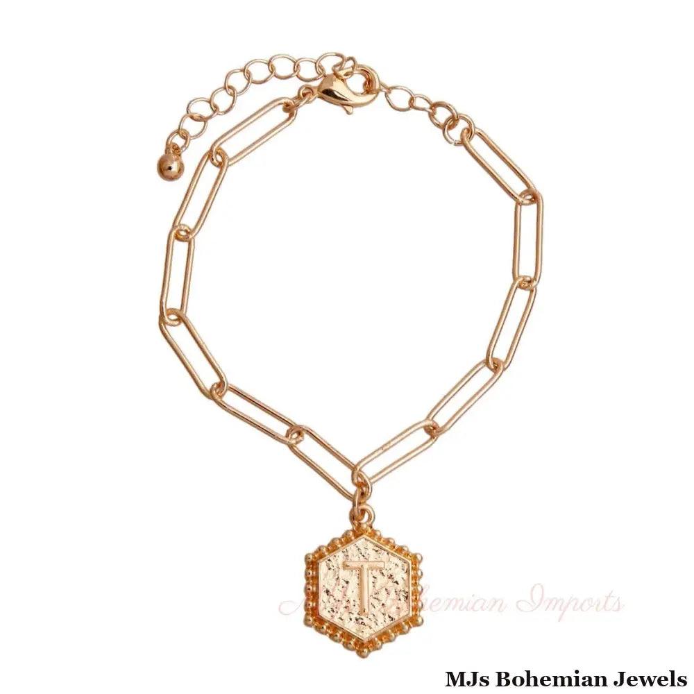 T Hexagon Initial Charm Bracelet
