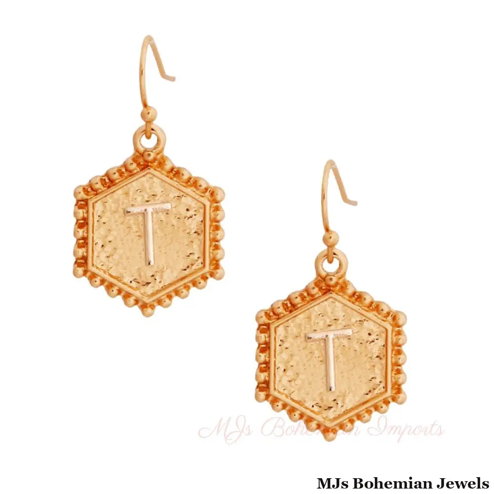 T Hexagon Initial Earrings