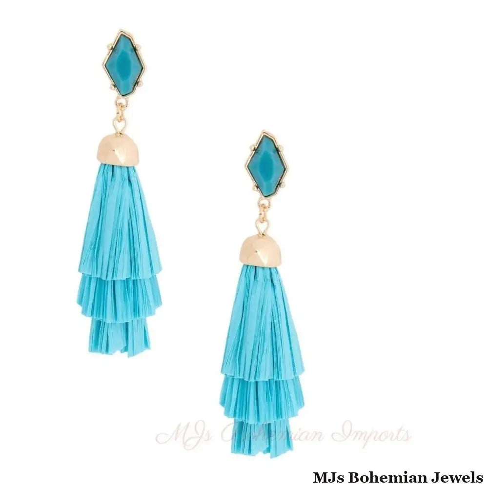 Teal Raffia Stacked Tassel Earrings