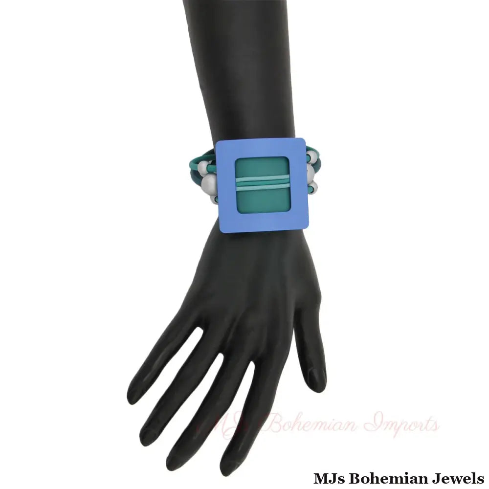 Teal Rubber Bracelet with Metal Square Design